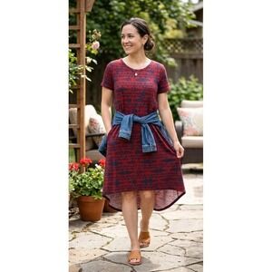 LuLaRoe Carly Geometric Tribal High Low Swing Dress Red Navy Short Sleeve Pocket